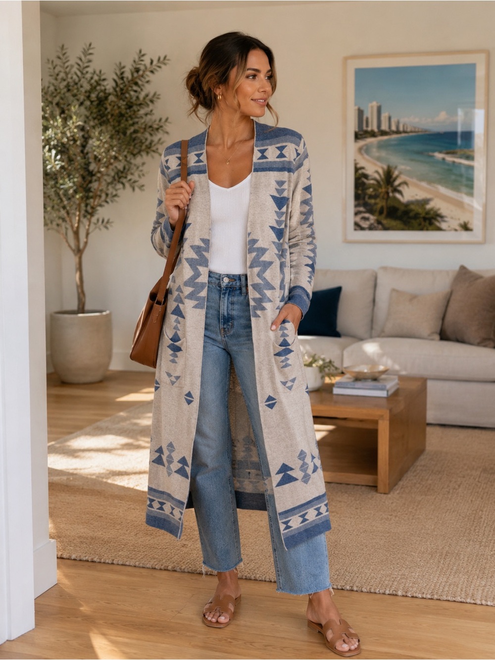Jessica Simpson Long Aztec Open-Front Cardigan - Blue & Cream
